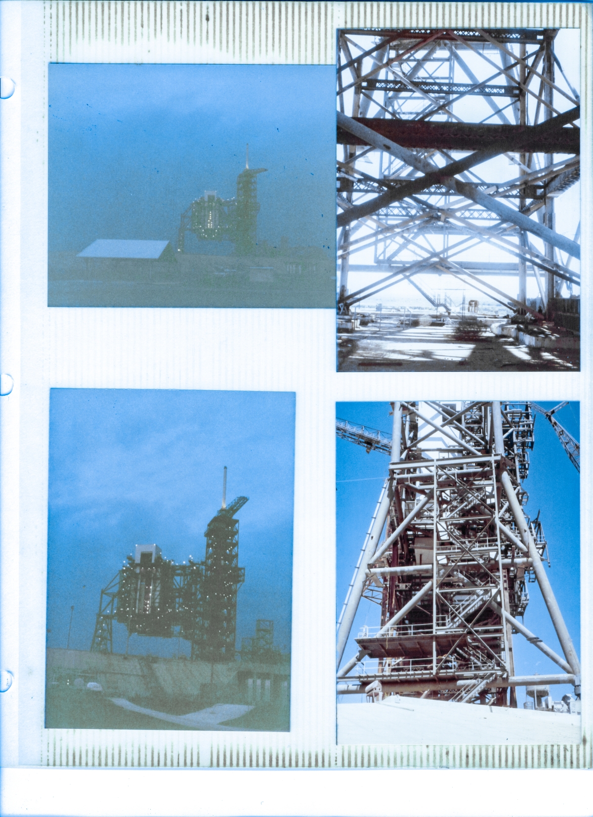 Right Top: Looking south toward Column Line 7, through the falsework which holds up the Rotating Service Structure at Space Shuttle Launch Complex 39-B, Kennedy Space Center, Florida, before it became self-supporting. Right Bottom: Looking north at Column Line 7. Left: Predawn at Pad B after the RSS became self-supporting and the falsework was removed.